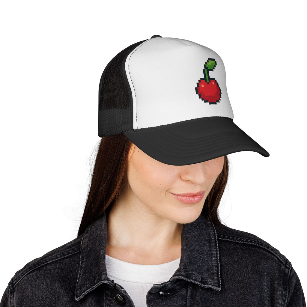 Pixel Cherry Trucker Cap — Retro 8‑Bit Fruit Snapback Hat